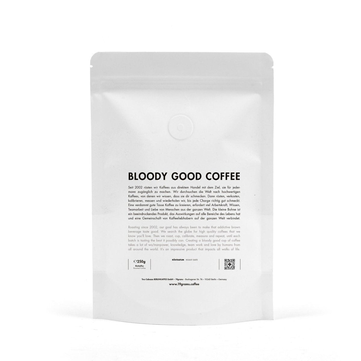 19grams Kaffeebeutel 250g Rückseiten-Label – "Bloody Good Coffee" mit 19grams Unternehmensgeschichte, Specialty Coffee Verpackung Berlin