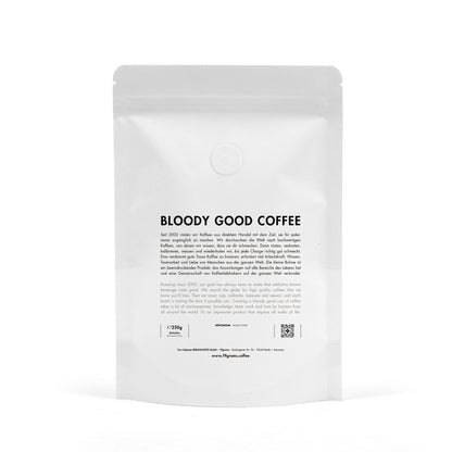 Weißer Coffee-Bag mit "Bloody Good Coffee" Text, Berlin Roastery Specialty Coffee, 19grams.