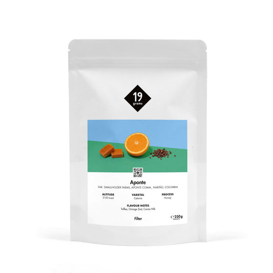 19grams Aponte Filter 250g Kaffeebeutel – Honey Caturra, Resguardo Aponte Nariño – Himbeere, Honig, Veilchen, Specialty Coffee Mockup