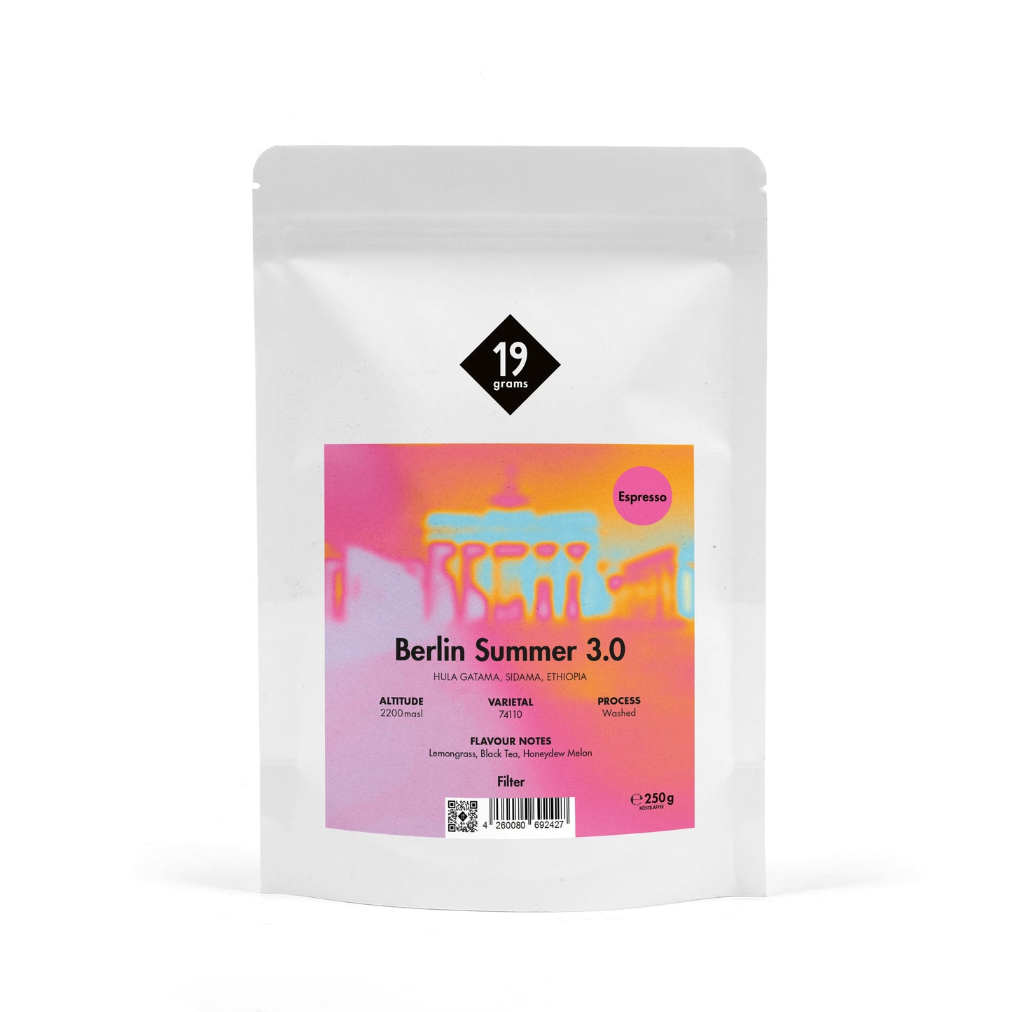19grams Berlin Summer 3.0 Specialty Coffee Espresso – Kaffeebeutel mit Ethiopia Sidama Single Origin Kaffee, Espresso 250g, Kaffeerösterei Berlin