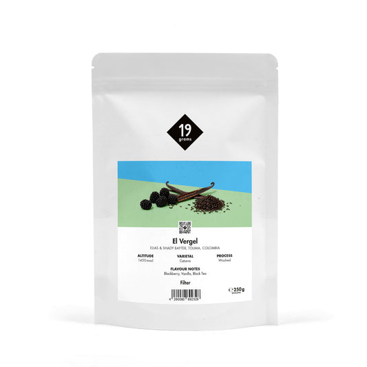 19grams El Vergel Specialty Coffee Filter – Kaffeebeutel Produktmockup, Filterkaffee 250g, Kaffeerösterei Berlin