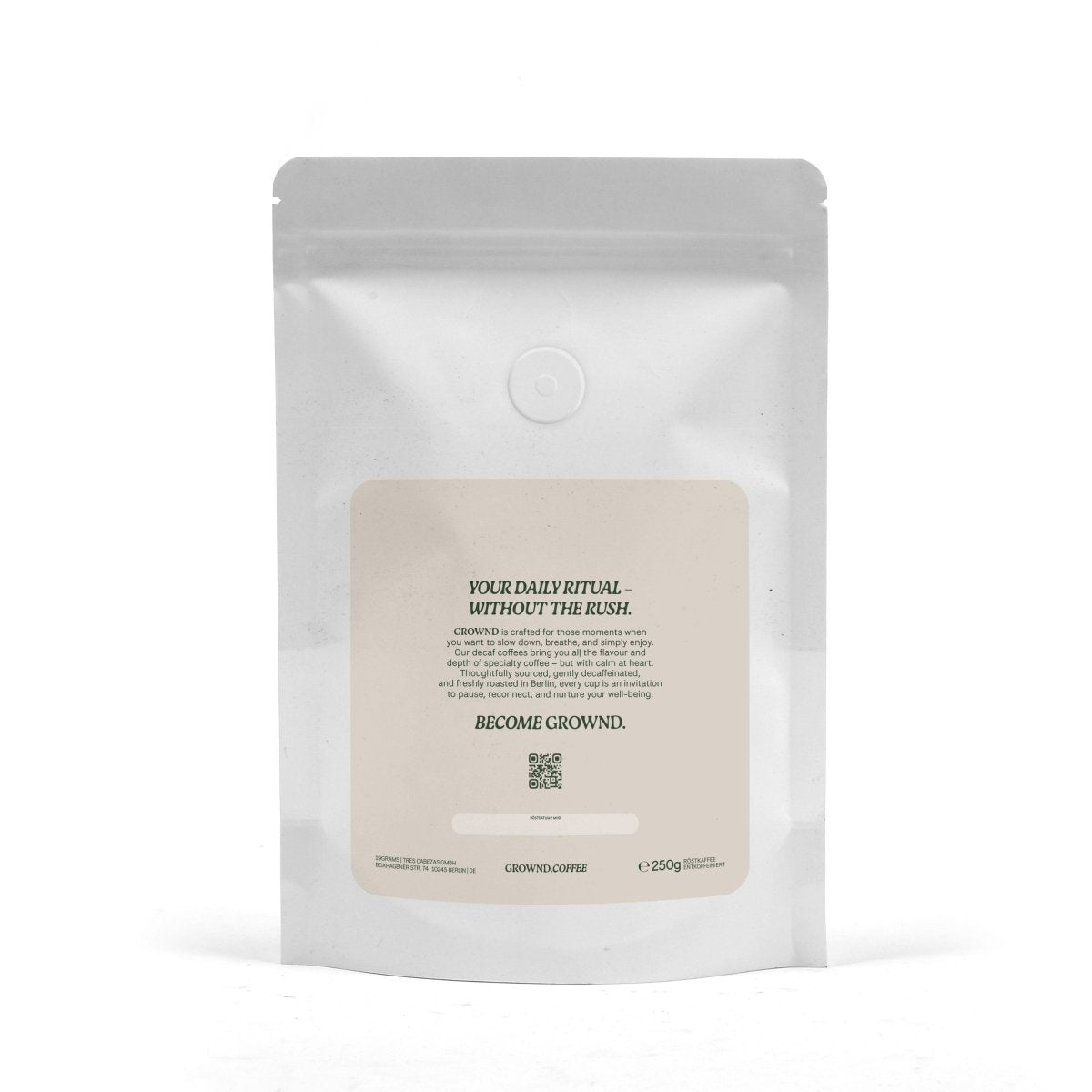 GROWND Kaffee Rückseite Kaffeebeutel – Decaf Specialty Coffee B2B Großhandel koffeinfreier Kaffee Rösterei