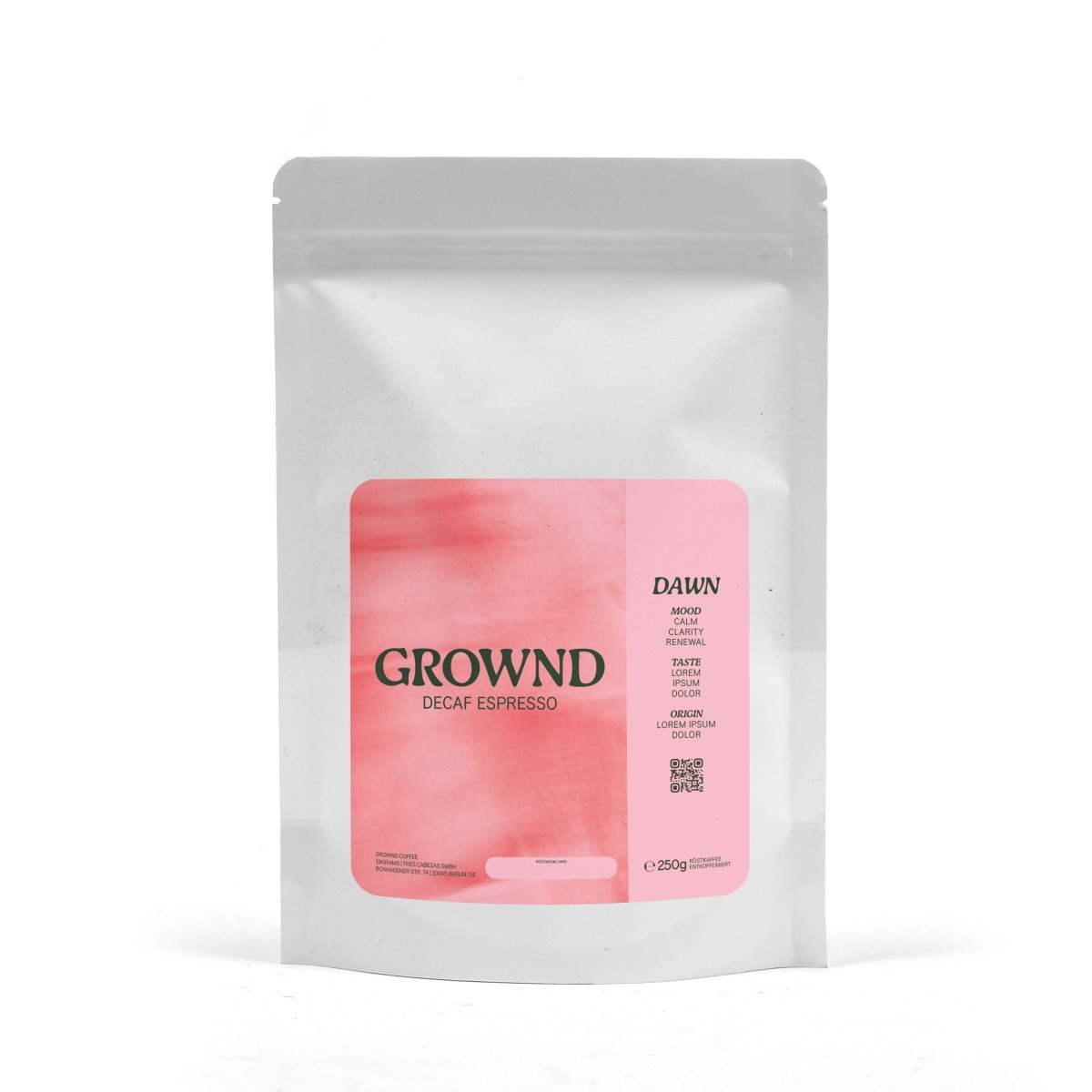 GROWND Decaf Espresso Dawn 250g Kaffeebeutel Vorderseite – koffeinfreier Espresso B2B Großhandel