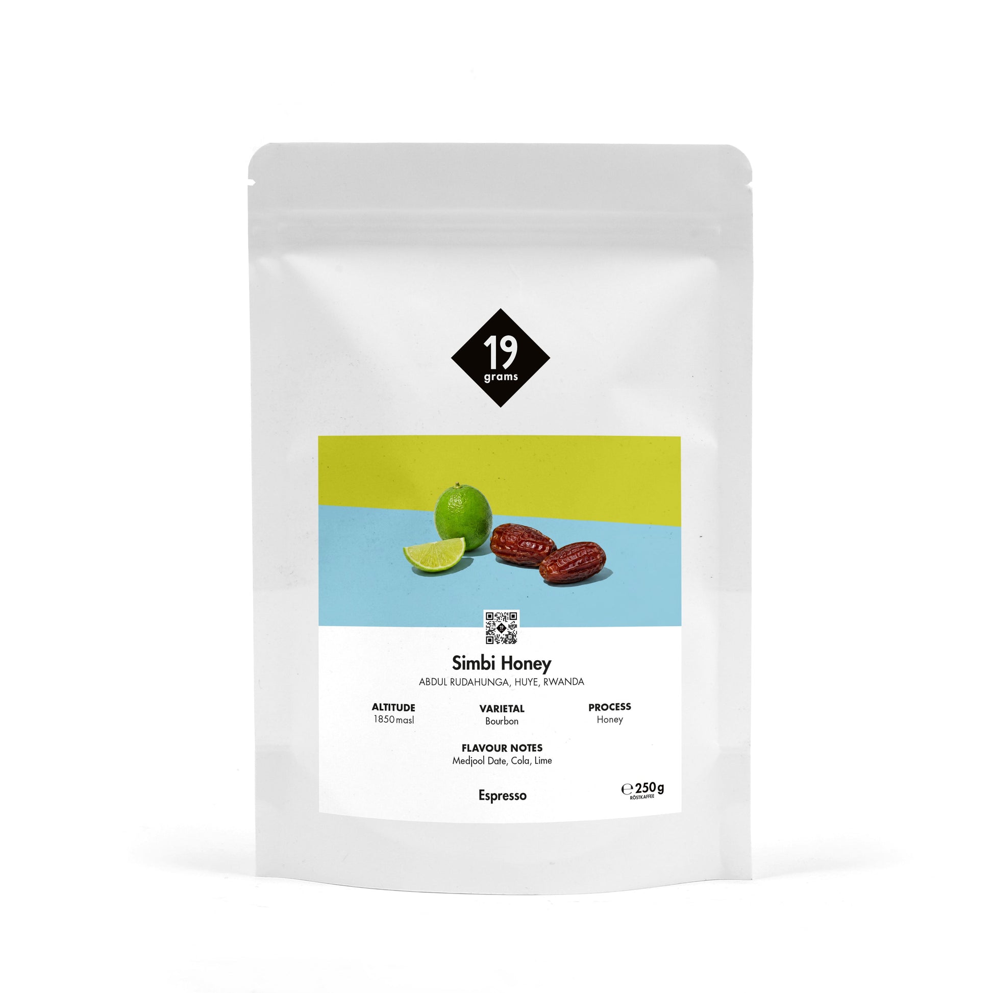 19grams Simbi Honey Espresso 250g Kaffeebeutel Produktmockup – Honey Bourbon, Ruanda Uganda, Espresso Specialty Coffee Berlin