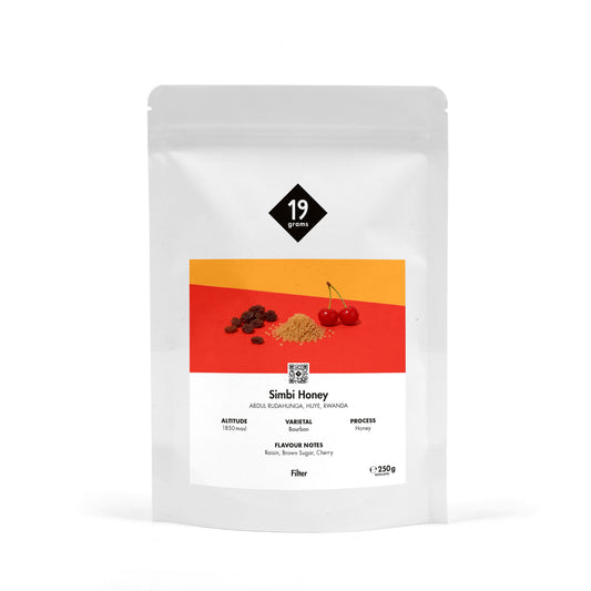 19grams Simbi Honey Filter 250g Kaffeebeutel Produktmockup – Honey Bourbon, Ruanda Uganda, Black Cherry Nougat, Specialty Coffee